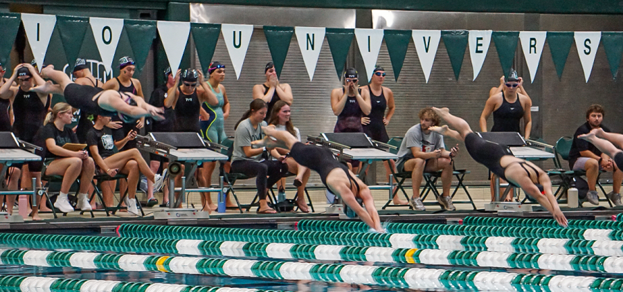 Ohio Swimming team diving into pool in meet against Illinois State