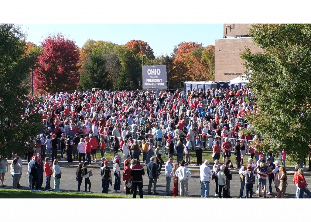 A large crowd gathers outside of the Shoemaker Center in Chillicothe, Ohio to listen to President Donald Trump speak.