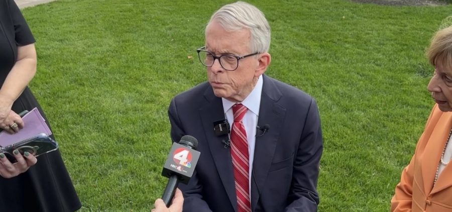 Gov. Mike DeWine talks to reporters on Oct. 14, 2026