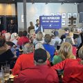 Ohio Governor candidate Vivek Ramaswamy (R) speaks to a crowd at a pizza restaurant in Delaware County.