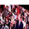 Donald Trump appears on a big screen outside of the Shoemaker Center in Chillicothe, Ohio.